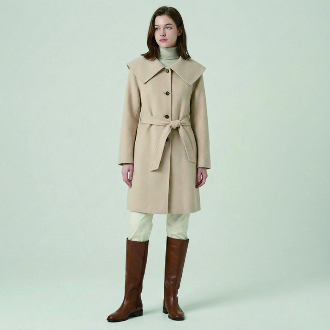 올리브데올리브 여성용 빅카라 핸드메이드 벨티드 롱코트