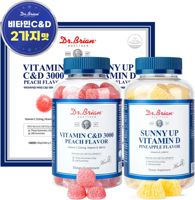 닥터브라이언 복숭아맛 비타민 C&D 3000 100p + 파인애플맛 써니업 비타민D 구미 젤리 100p 세트, 1세트 - 쿠팡
