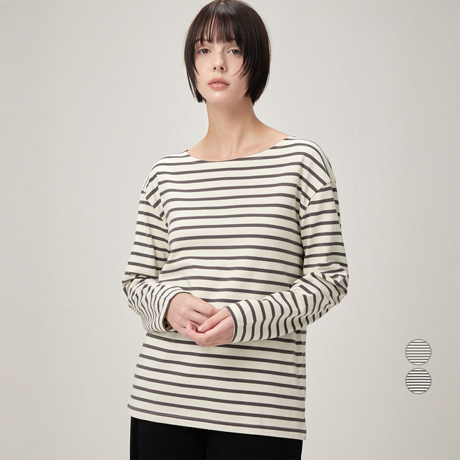 ELLEPARIS 여성용 릴렉스드핏 고밀도 코튼 스트라이프 긴팔 티셔츠