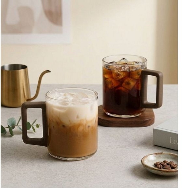 우드손잡이 투명 내열 유리컵 400ml, 혼합색상, 1개