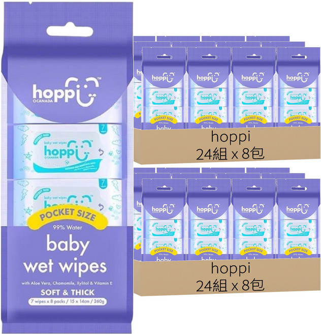 hoppi 嬰兒口手適用純水濕紙巾 迷你包, 50gsm, 7張, 384包