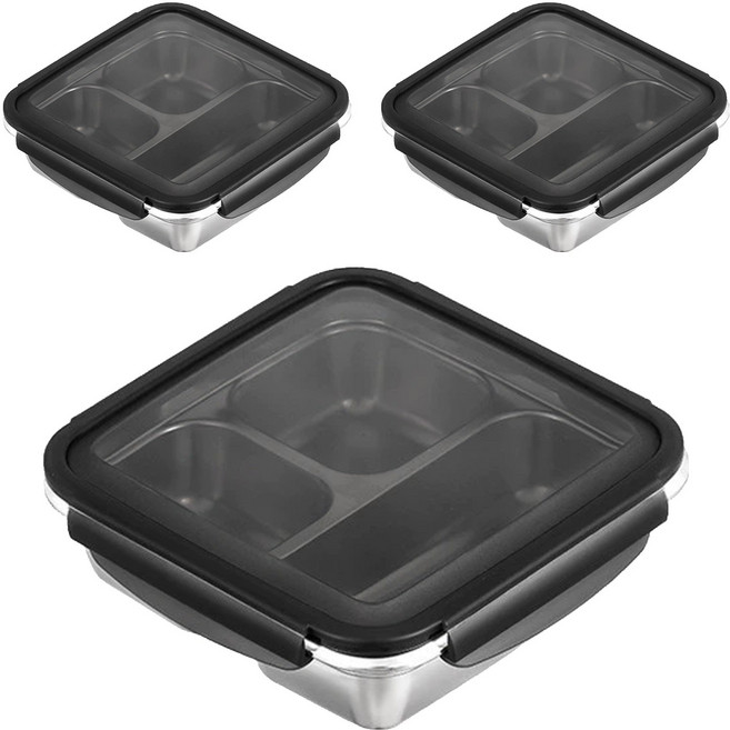304不鏽鋼 黑蓋鋼色斜邊保鮮盒 可微波 三格 平蓋, 容器 + 蓋子, 3組