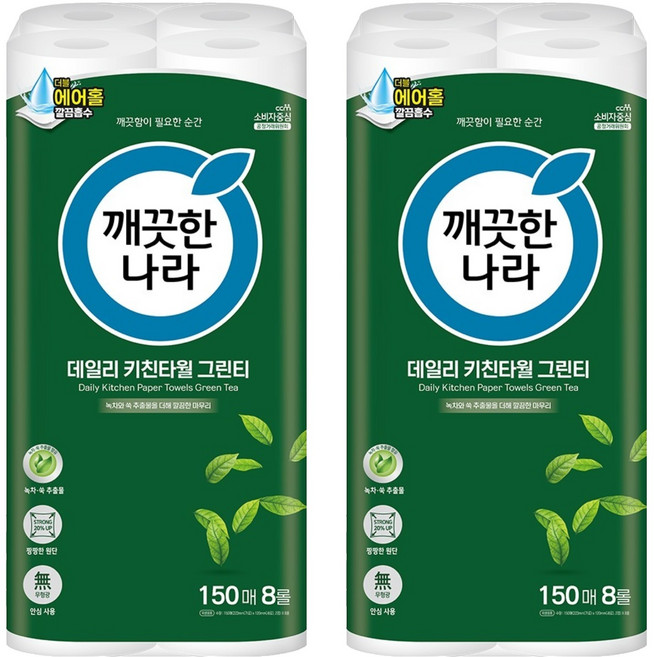 깨끗한나라 데일리 키친타올 그린티, 150매, 16개