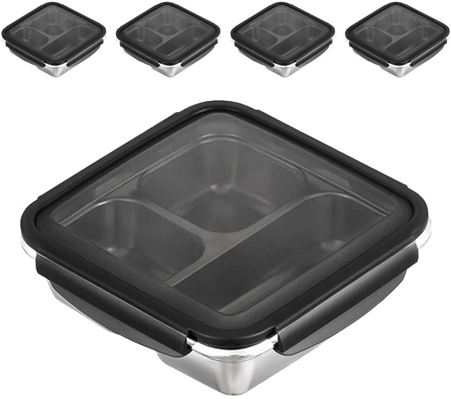 304不鏽鋼 黑蓋鋼色斜邊保鮮盒 可微波 三格 平蓋, 容器 + 蓋子, 5組