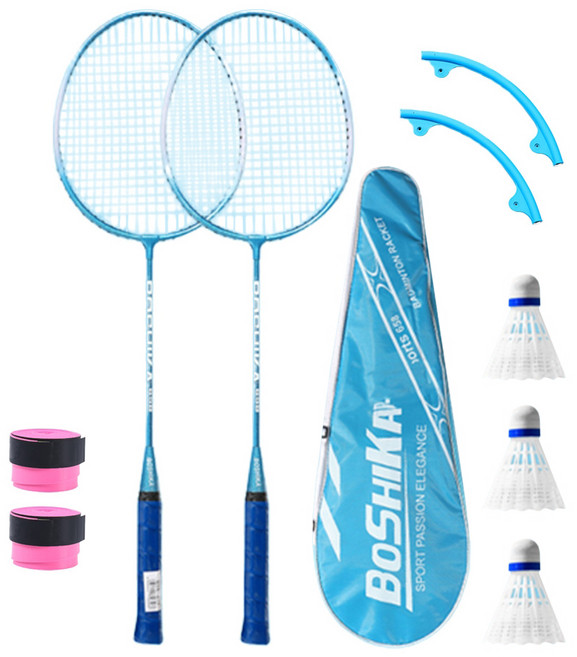 BOSHIKA 搏仕卡 輕量減震合金羽毛球拍套組 B041XBL1ST03B 藍色 球拍 2個+ 球拍套 + 羽毛球 3個 + 手膠 2個 + 保護套 2個, 單一商品, 1組