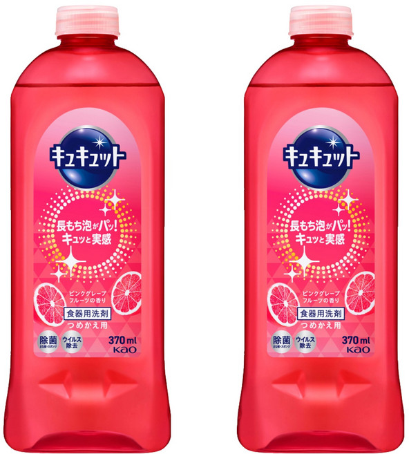 Kao 花王 Cucute 珂珂透 餐具洗碗精補充瓶 粉紅葡萄柚香, 370ml, 2瓶