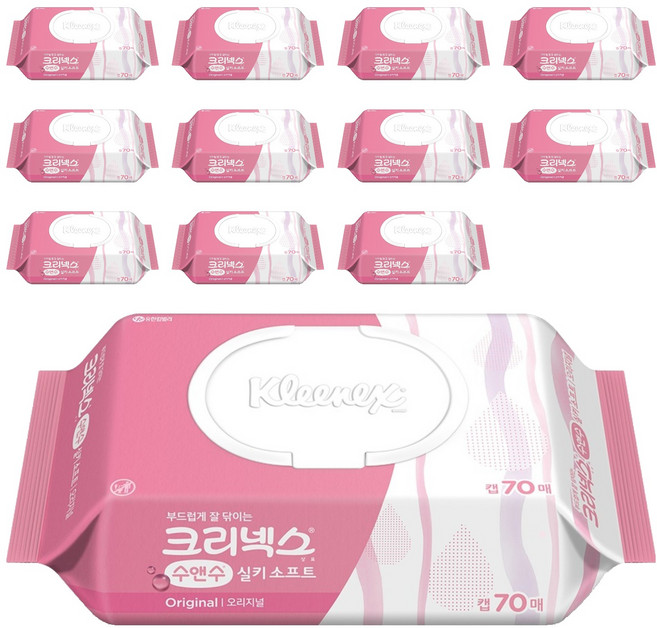 크리넥스 수앤수 실키 소프트 오리지널 물티슈 캡형, 43g, 70개입, 12개