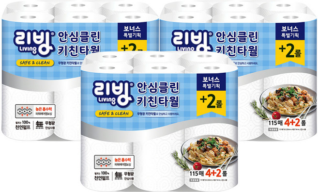 리빙티슈 천연펄프 안심클린 키친타올, 115매, 18개