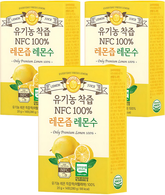 헬로바이오 유기농 착즙 NFC 100퍼센트 레몬즙, 280g, 3개