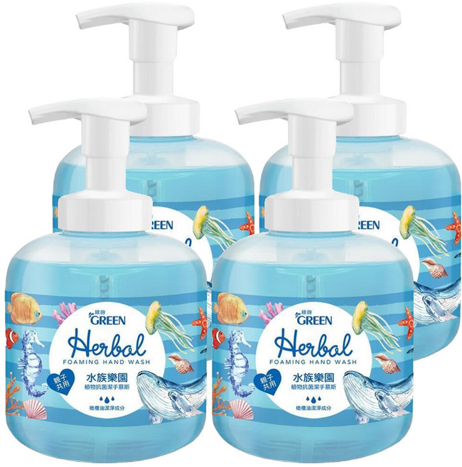 GREEN 綠的 植物抗菌潔手慕斯 水族樂園 (非常態性送造型壓頭1個), 400ml, 4瓶