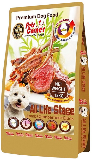 Pets Corner 沛克樂 全齡犬用頂級天然糧 保護皮膚低敏餐 羊肉蔓越莓鴨肉配方 15公斤 小顆粒, 羊肉 + 蔓越莓 + 鴨肉, 15kg, 1袋