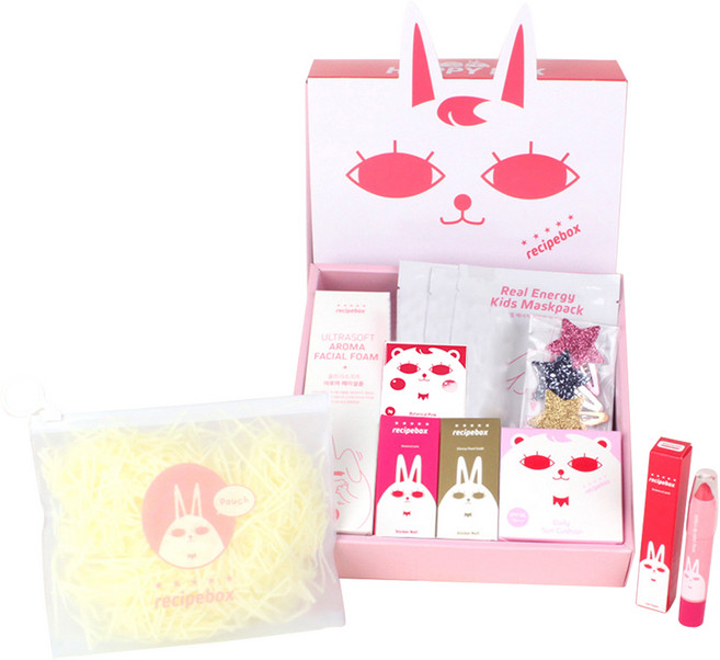 레시피박스 골드핑크 선물박스 데일리 어린이 메이크업 세트, 파우치 + 마스크팩 3p + 페이셜 폼 + 썬쿠션 + 블러셔 + 립크레용 + 매니큐어 2p + 똑딱핀 3p, 1세트
