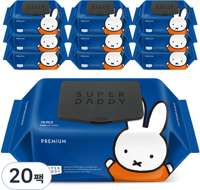 슈퍼대디 미피 엠보싱 물티슈 프리미엄 캡형, 77g, 70매, 20개