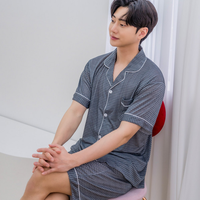 에이원 남성용 냉감 체크 반팔 잠옷 상하세트
