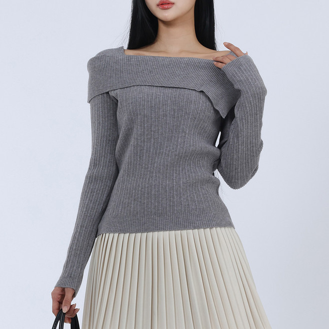 엘쏘 여성용 여리 골지 스퀘어넥 오프숄더 니트 티셔츠