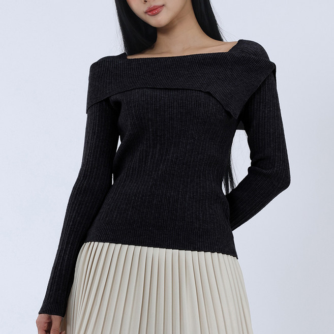 엘쏘 여성용 여리 골지 스퀘어넥 오프숄더 니트 티셔츠