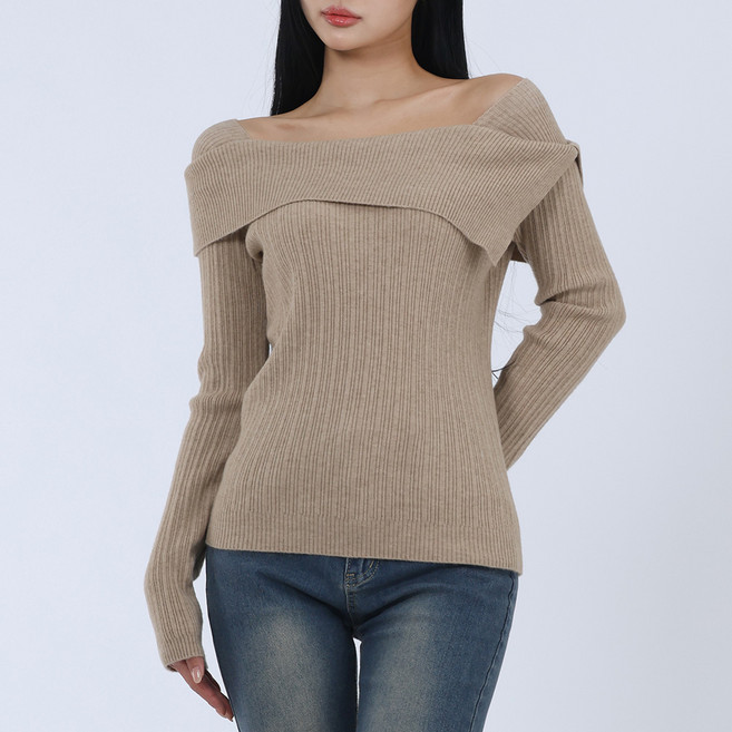 엘쏘 여성용 여리 골지 스퀘어넥 오프숄더 니트 티셔츠
