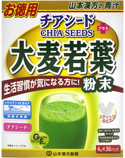 YAMAKAN 山本漢方 日本大麥若葉粉末 + 奇亞籽 4g 36包, 144g, 1盒