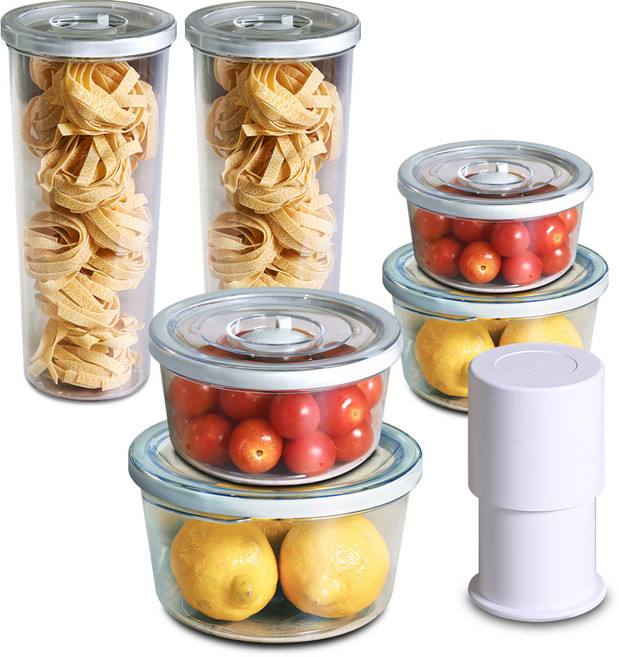 휴락 진공밀폐용기 뉴트럴그레이 원형 7종 세트, 1세트, 600ml(2p) + 1L(2p) + 2L(2p) + 진공펌프