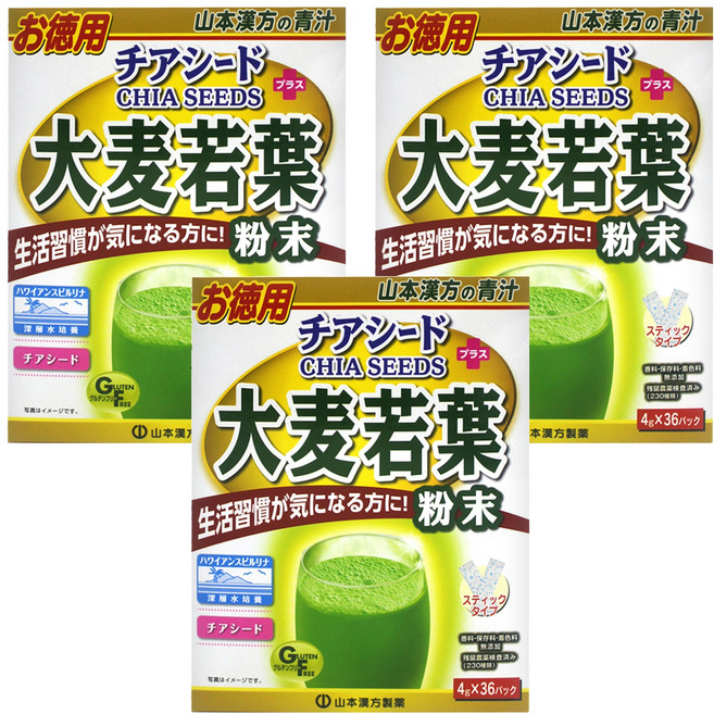 YAMAKAN 山本漢方 日本大麥若葉粉末 + 奇亞籽 4g 36包, 144g, 3盒