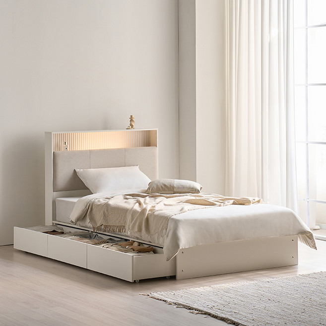 삼익가구 디세타 패브릭 템바보드 LED조명 빅서랍 3단 수납침대 프레임 + 매트리스 세트 방문설치, 화이트 + 아이보리