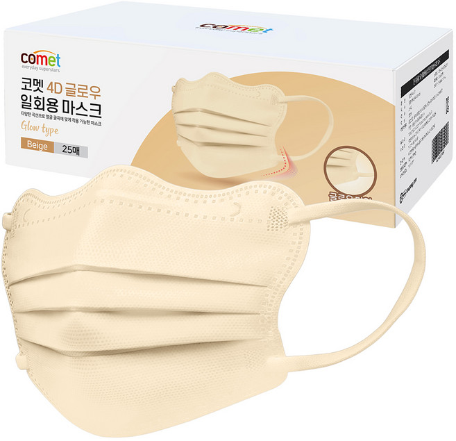 코멧 날카롭고 각진 얼굴형을 보완 해주는 4D 글로우 일회용 마스크 개별포장 중형, 1개입, 25개, 베이지