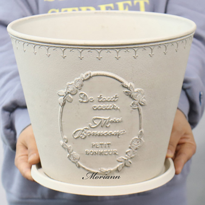 모리앤 틴감성 플라스틱 원형 화분 2723 + 받침, 틴베이지, 1개