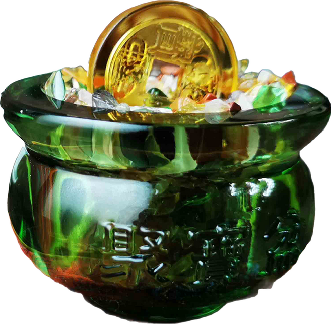 聚財金錢 琉璃水晶聚寶盆擺件 GC-3352, 五行 木 綠色