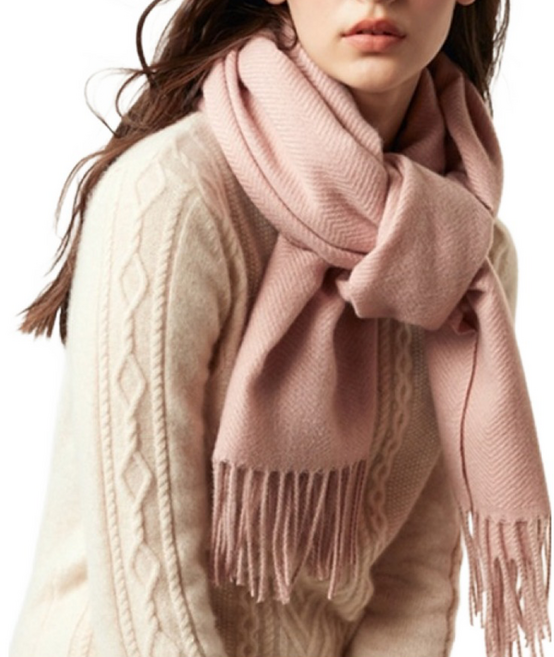 KissDiamond 純色喀什米爾羊絨加厚保暖兩用披肩圍巾 流蘇款 珊瑚粉