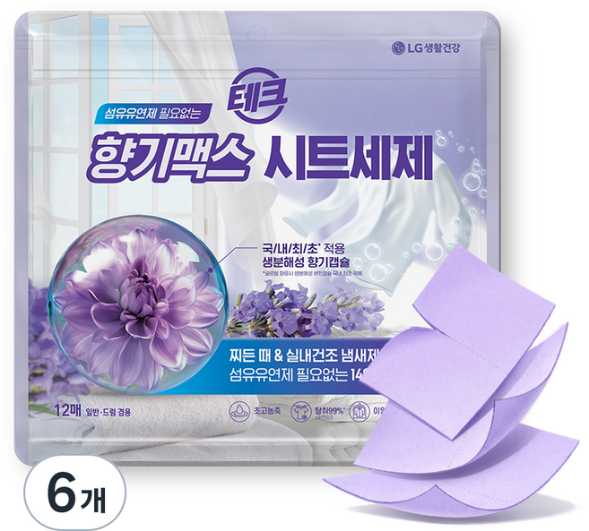테크 섬유유연제 필요없는 향기맥스 시트세제, 12개입, 6개
