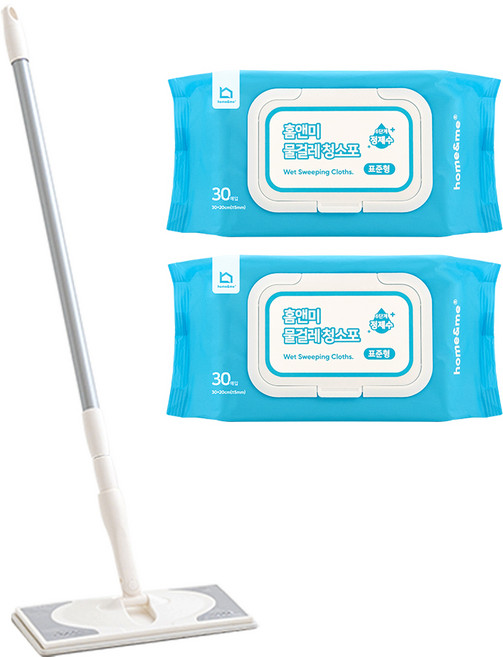홈앤미 청소포용 밀대걸레 + 물걸레 청소포 중형 캡 2p 세트, 1세트