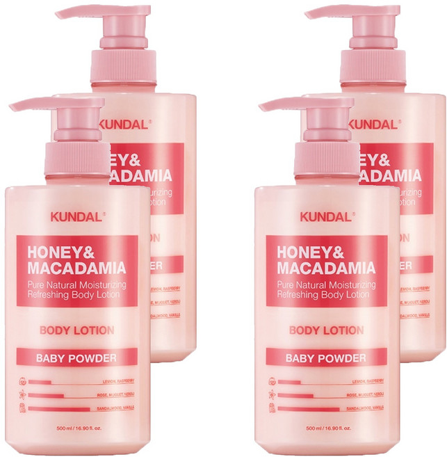 쿤달 허니 앤드 마카다미아 퓨어 바디로션 베이비파우더향, 500ml, 4개