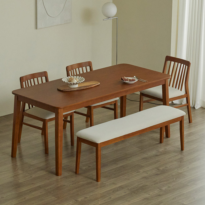 파로마 솔로르 원목식탁 1800 6인용 + B의자3p + A벤치 세트 방문설치, 윌넛, 일반 3 + 벤치 1