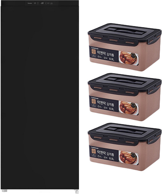 캐리어 모드비 미니 김치에디션 122L 스탠드형 1도어 냉장고 + 락앤락 김치통3p 세트 방문설치, 블랙메탈, MFNO122BKM1