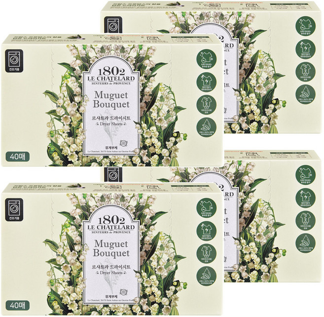 르샤트라1802 건조기용 시트 섬유유연제 뮤게부케 본품, 40매입, 4개