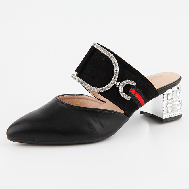 단골언니 여성용 그루딘 보석굽 D링 장식 뮬 슬리퍼 5cm