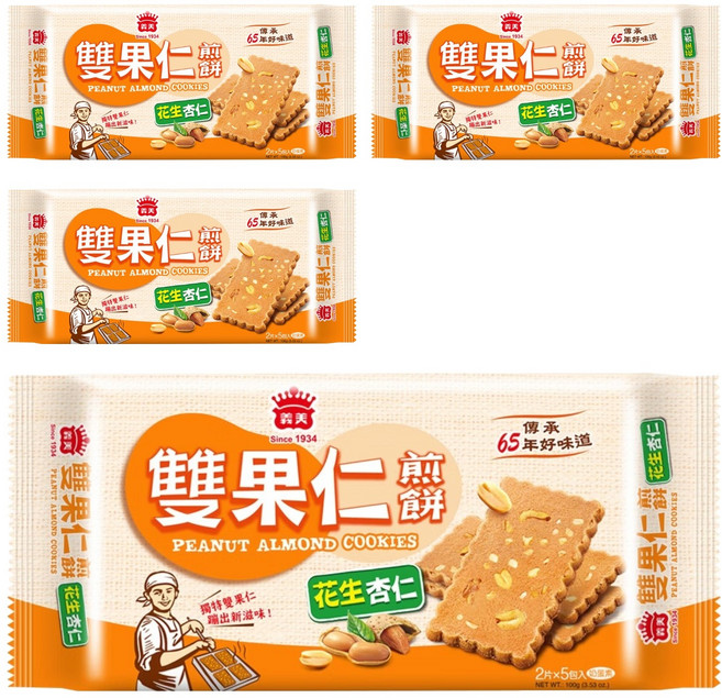 義美 雙果仁煎餅 花生杏仁, 100g, 4包