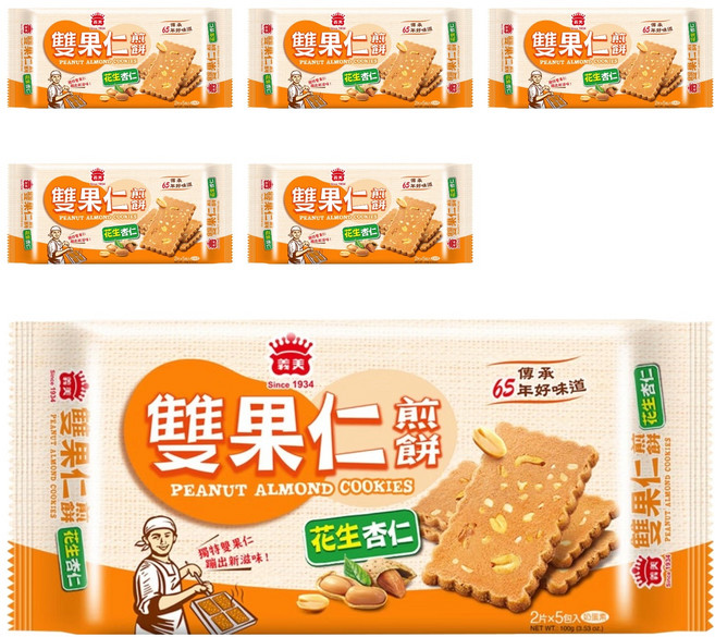 義美 雙果仁煎餅 花生杏仁, 100g, 6包