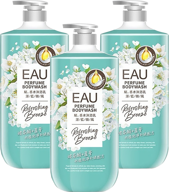 EAU 淨耀 香水沐浴乳 湛藍微風, 1L, 3罐