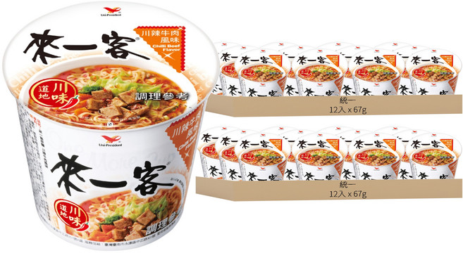 統一 來一客 川辣牛肉風味杯麵 67g, 24入