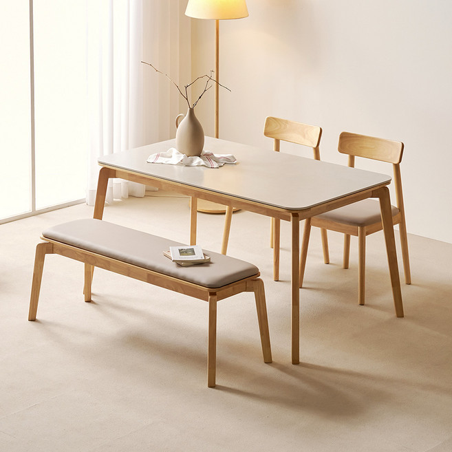 헬로까사 1400 통세라믹 다이닝 원목식탁 + 의자 + 벤치 세트 4인용 방문설치, 내추럴, 일반 2 + 벤치 1