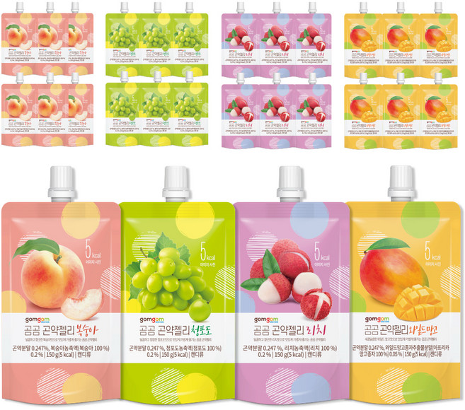 gomgom 蒟蒻果凍飲 水蜜桃口味 150g 7入+芒果口味 150g 7入+青葡萄口味 150g 7入+荔枝口味 150g 7入, 28入