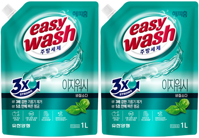 해피홈 이지워시 바질소다 리필 일반주방세제, 1L, 2개