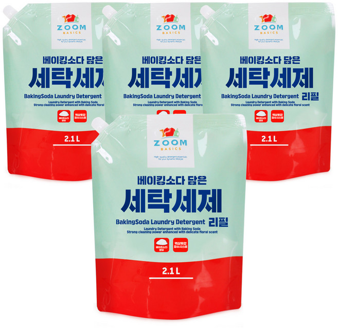줌 베이직 베이킹소다 담은 액체 세탁세제, 2.1L, 4개