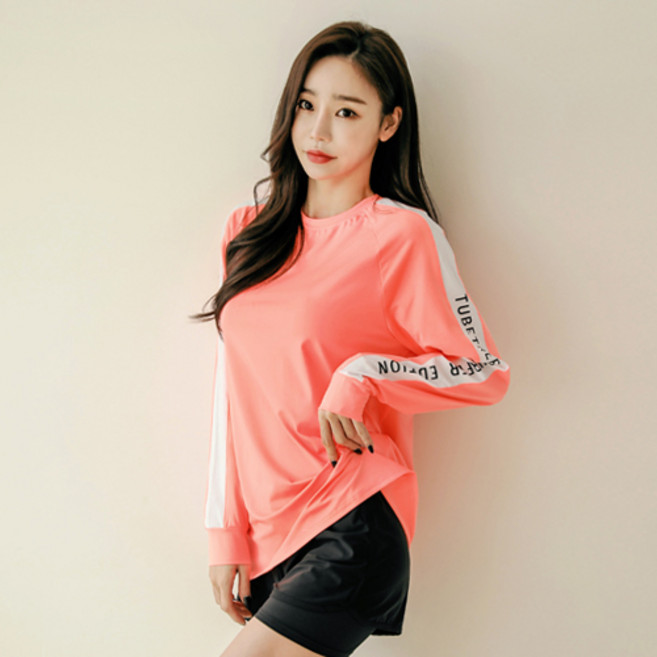 튜브트리 여성용 오버핏 래쉬가드 상하 세트 BE6209, 피치 + 블랙