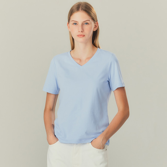 베이직하우스 여성용 브이넥 슬림핏 스판 반팔 티셔츠 LATS0204