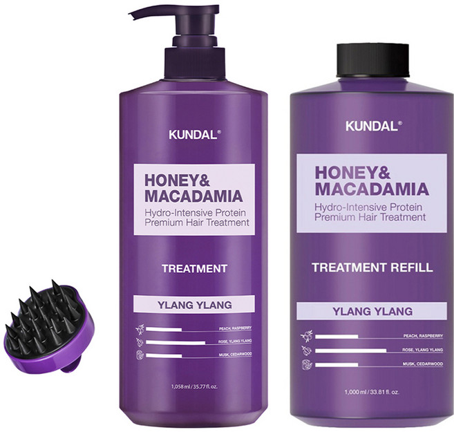쿤달 허니 앤드 마카다미아 헤어 트리트먼트 일랑일랑향 1058ml + 리필 1000ml + 샴푸 브러쉬, 1세트