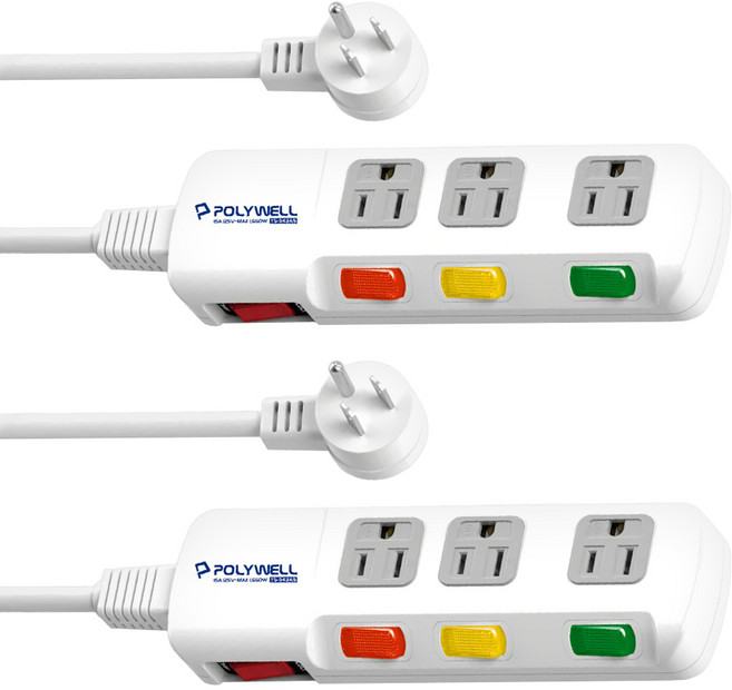 POLYWELL 寶利威爾 電源插座延長線 3孔 TS-343AS PW15-T05-B012, 3.6m, 白色, 2個