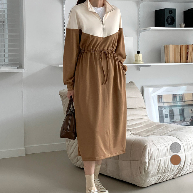 아피나르 여성용 하프 집업 배색 롱 드레스