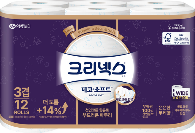 크리넥스 3겹 데코 앤 소프트 화장지, 35m, 12개입, 1개